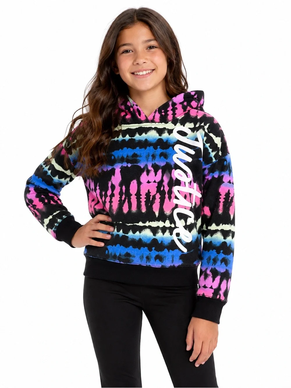Justice Girls Size 10 Tie Dye Fleece Hoodie Pink Blue Black Pullover Sweatshirt